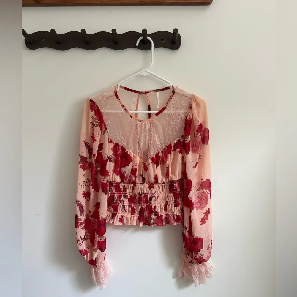 Free People Daphne Blouse in a pink and red floral